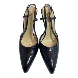 Prada Vtg Black Croc Emboss Leather Point Toe T-Strap Slingback Heels Sz 36 US 6